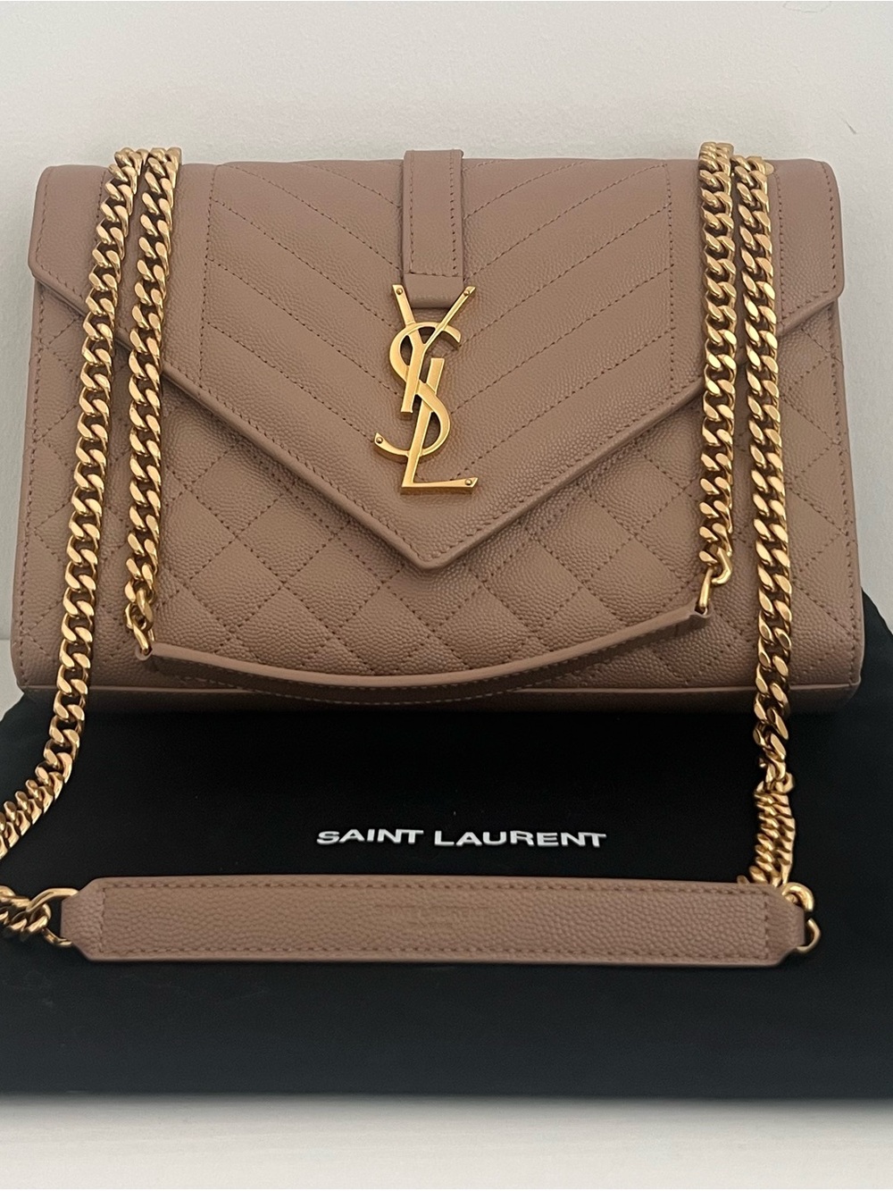 Saint Laurent Envelope Medium Chain Shoulder Bag Dark Beige with Gold Chain